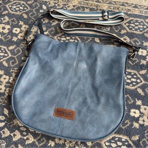 Wrangler Crossbody Hobo Purse Blue Leather with Brown Lined Interior Cowgirl
